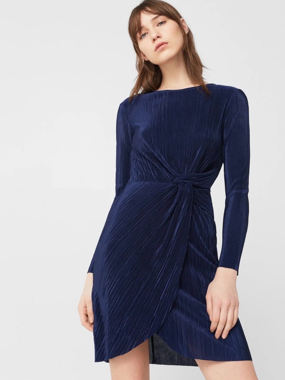 Mango Navy Long-Sleeve Twist Knot Dress
